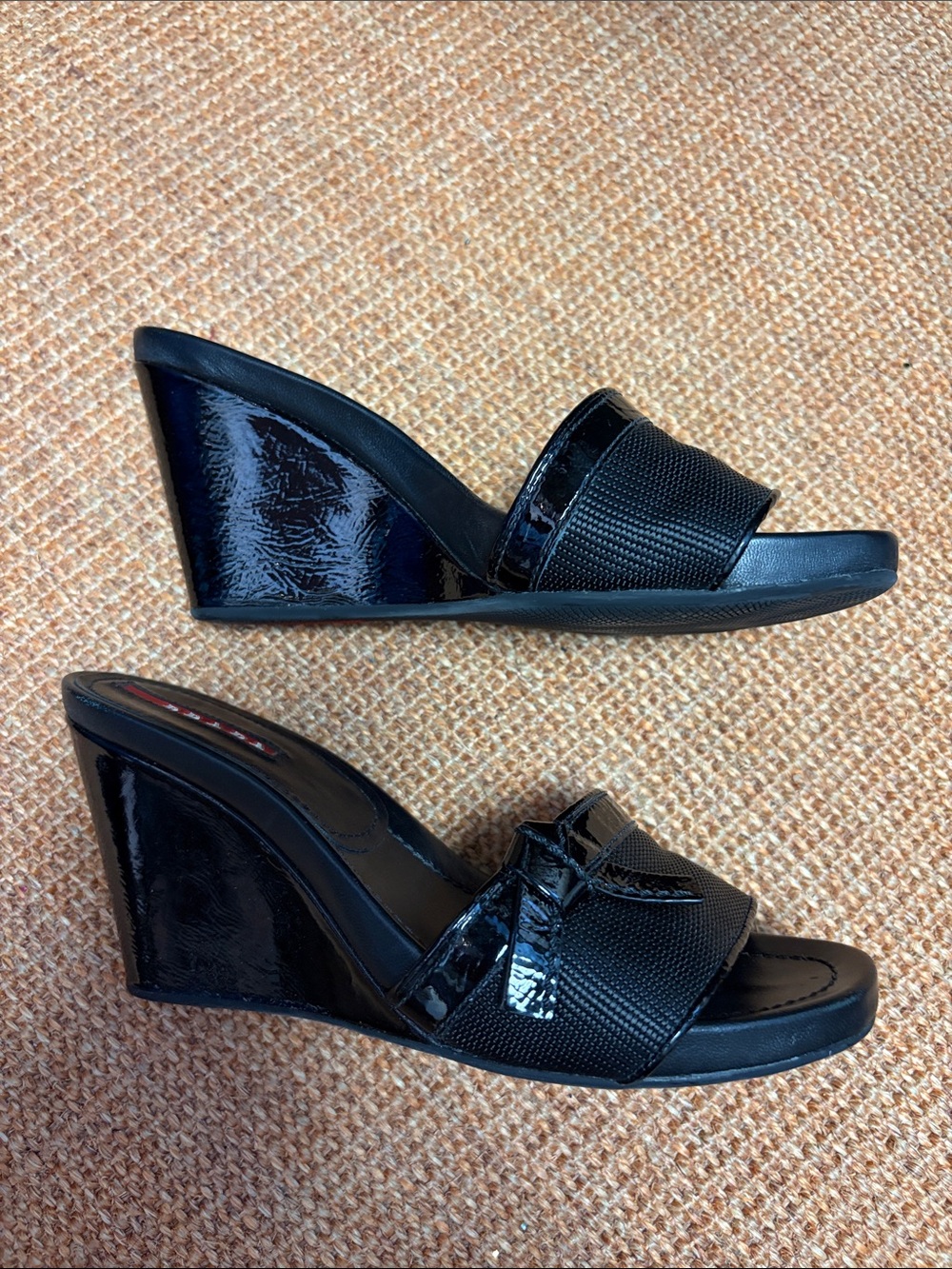 Prada Black Patent and Textured Wedge Slide Sandals - Women